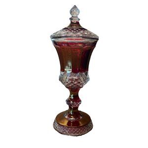 Westmoreland Old Quilt Ruby Red Flash Glass Pedestal Candy Jar Compote Lid